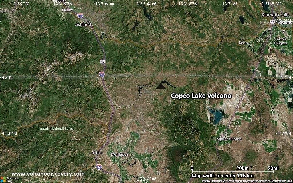 Satellite/aerial-type map of Copco Lake volcano (local scale small)