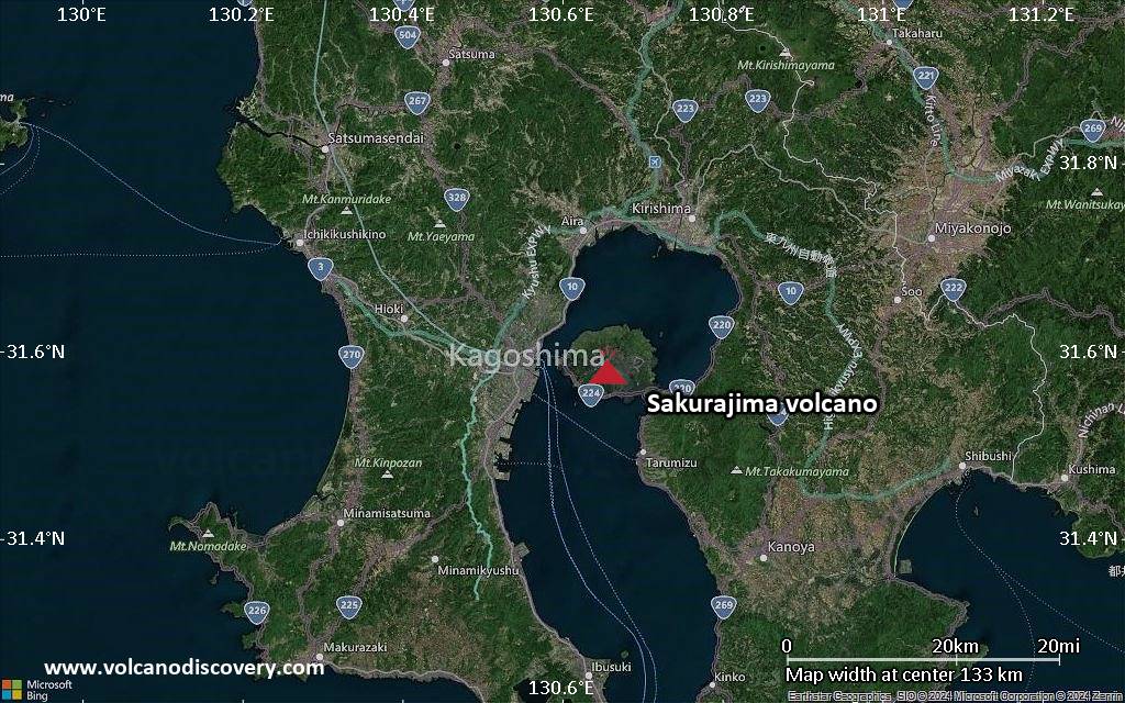 Satellite/aerial-type map of Sakurajima volcano (local scale small)