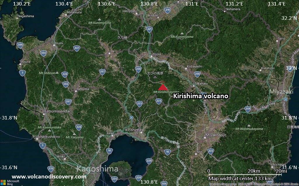 Satellite/aerial-type map of Kirishima volcano (local scale small)