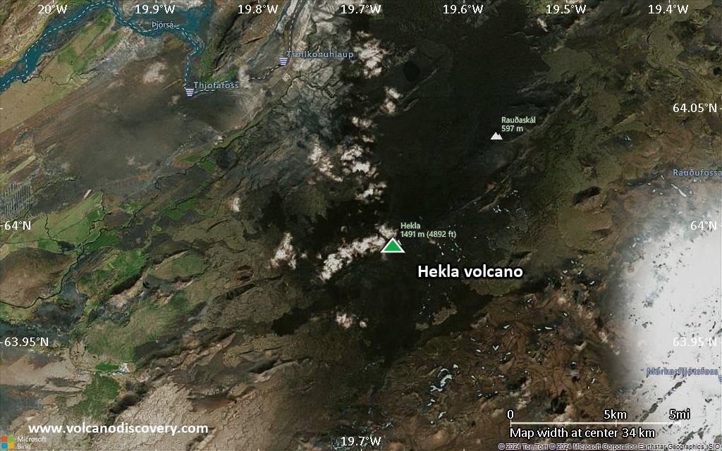 Satellite/aerial-type map of Hekla volcano (scale of 10s of km)