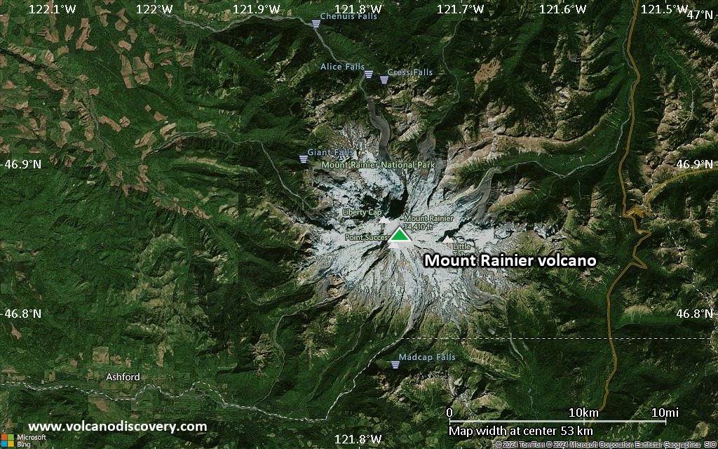 Satellite/aerial-type map of Mount Rainier volcano (scale of 10s of km)
