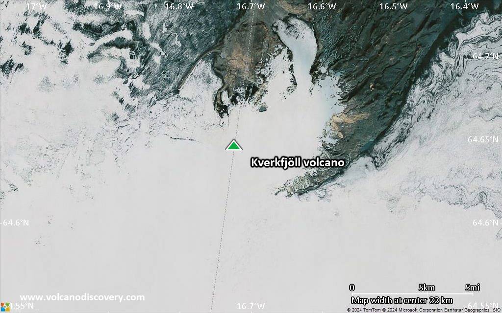 Satellite/aerial-type map of Kverkfjöll volcano (scale of 10s of km)