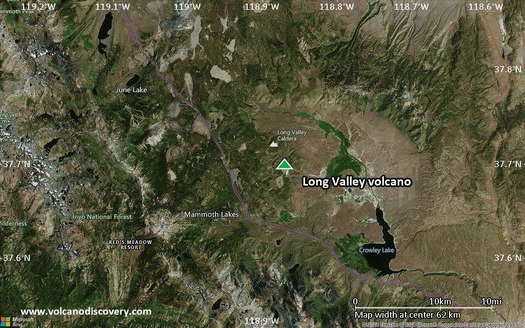 Satellite/aerial-type map of Long Valley volcano (scale of 10s of km)