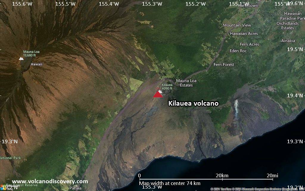 Satellite/aerial-type map of Kilauea volcano (scale of 10s of km)