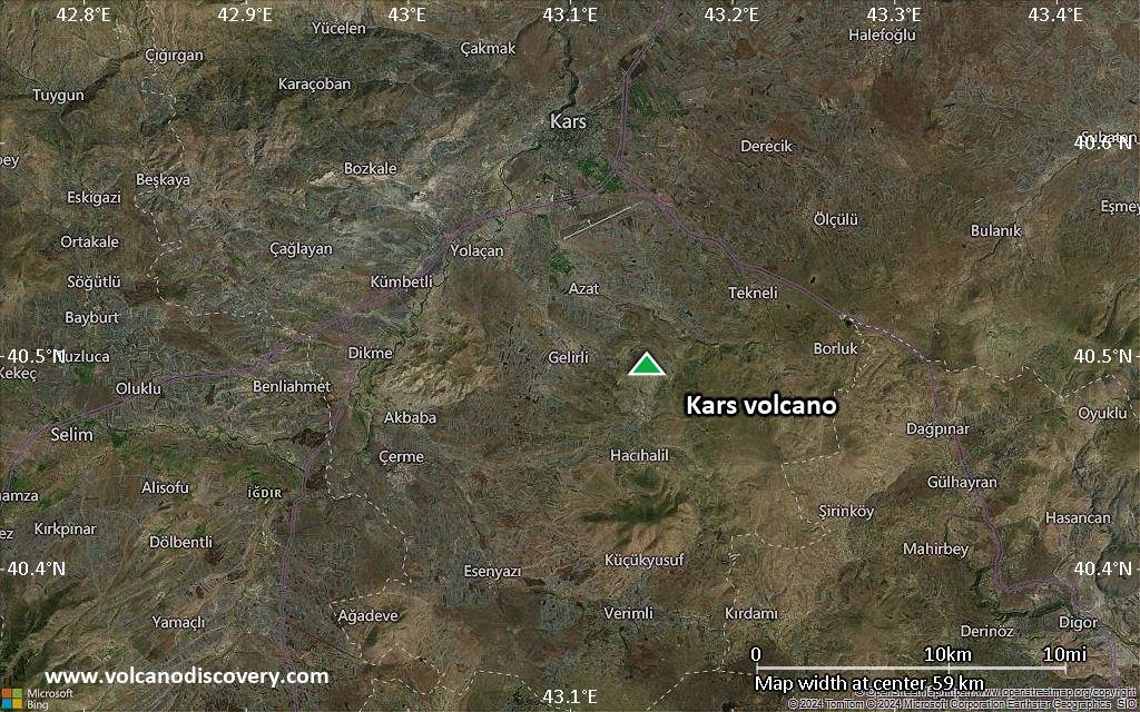 Satellite/aerial-type map of Kars volcano (scale of 10s of km)