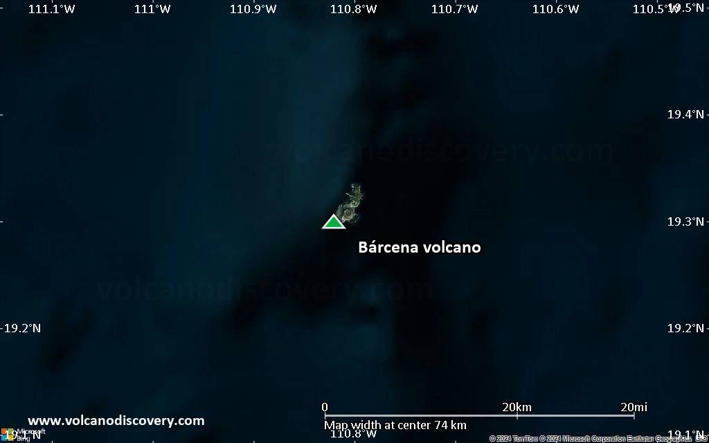 Satellite/aerial-type map of Bárcena volcano (scale of 10s of km)