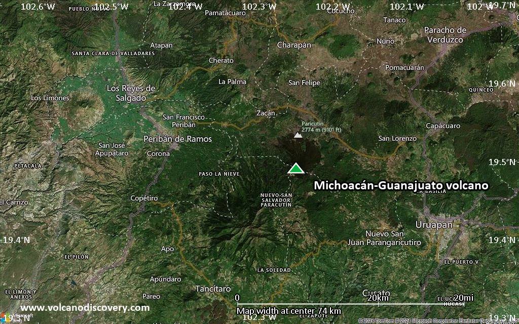 Satellite/aerial-type map of Michoacán-Guanajuato volcano (scale of 10s of km)