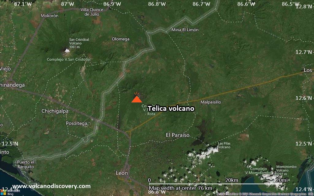Satellite/aerial-type map of Telica volcano (scale of 10s of km)