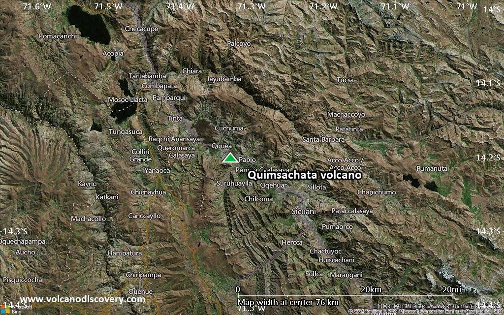 Satellite/aerial-type map of Quimsachata volcano (scale of 10s of km)