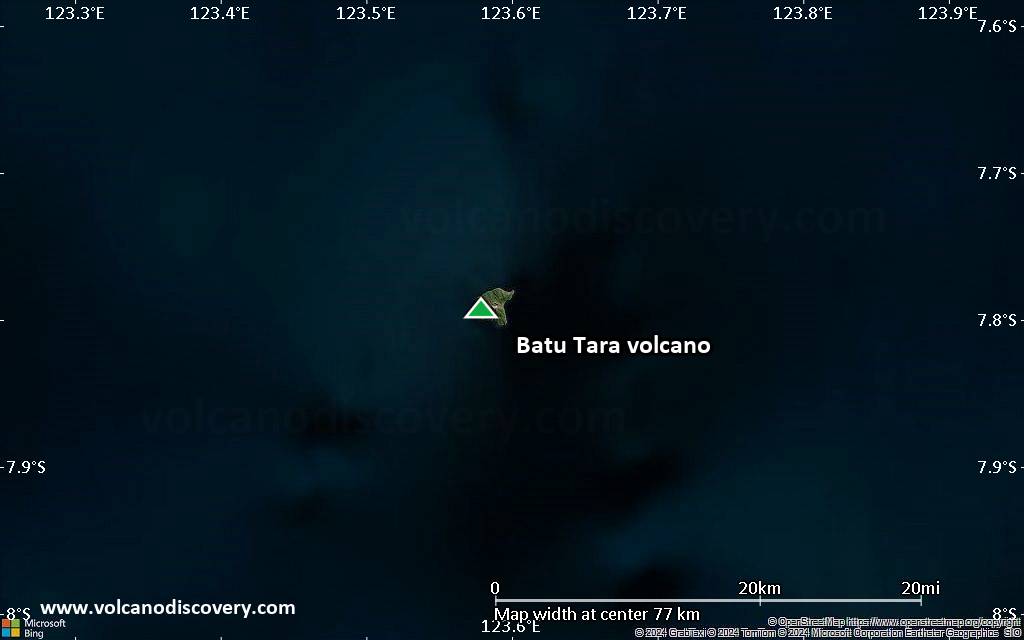 Satellite/aerial-type map of Batu Tara volcano (scale of 10s of km)