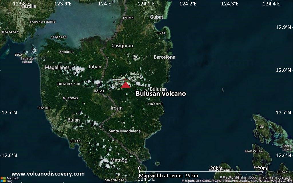 Satellite/aerial-type map of Bulusan volcano (scale of 10s of km)