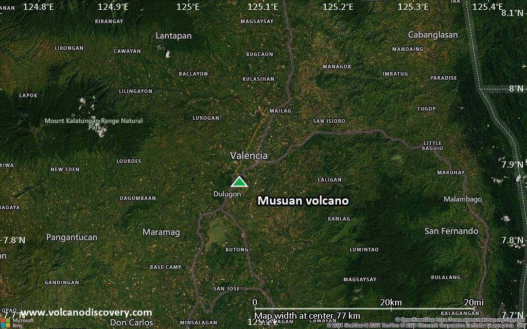 Satellite/aerial-type map of Musuan volcano (scale of 10s of km)
