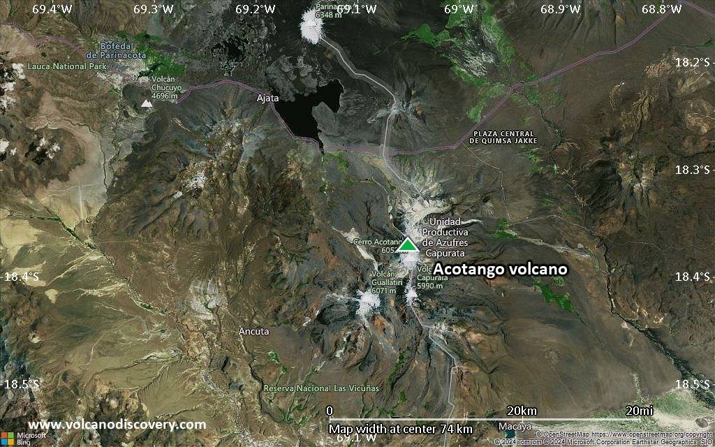 Satellite/aerial-type map of Acotango volcano (scale of 10s of km)