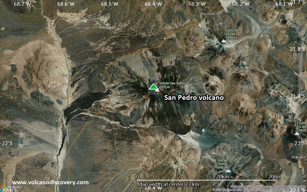 Satellite/aerial-type map of San Pedro volcano (scale of 10s of km)