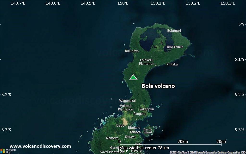 Satellite/aerial-type map of Bola volcano (scale of 10s of km)