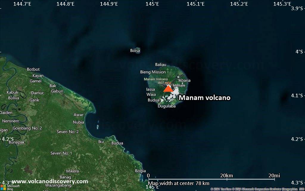 Satellite/aerial-type map of Manam volcano (scale of 10s of km)