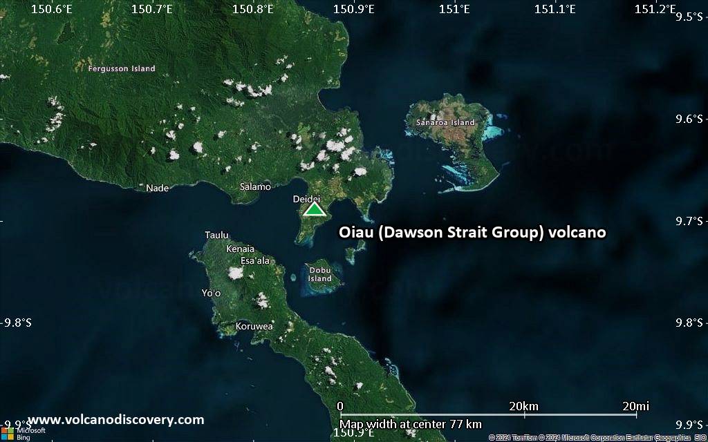 Satellite/aerial-type map of Oiau (Dawson Strait Group) volcano (scale of 10s of km)