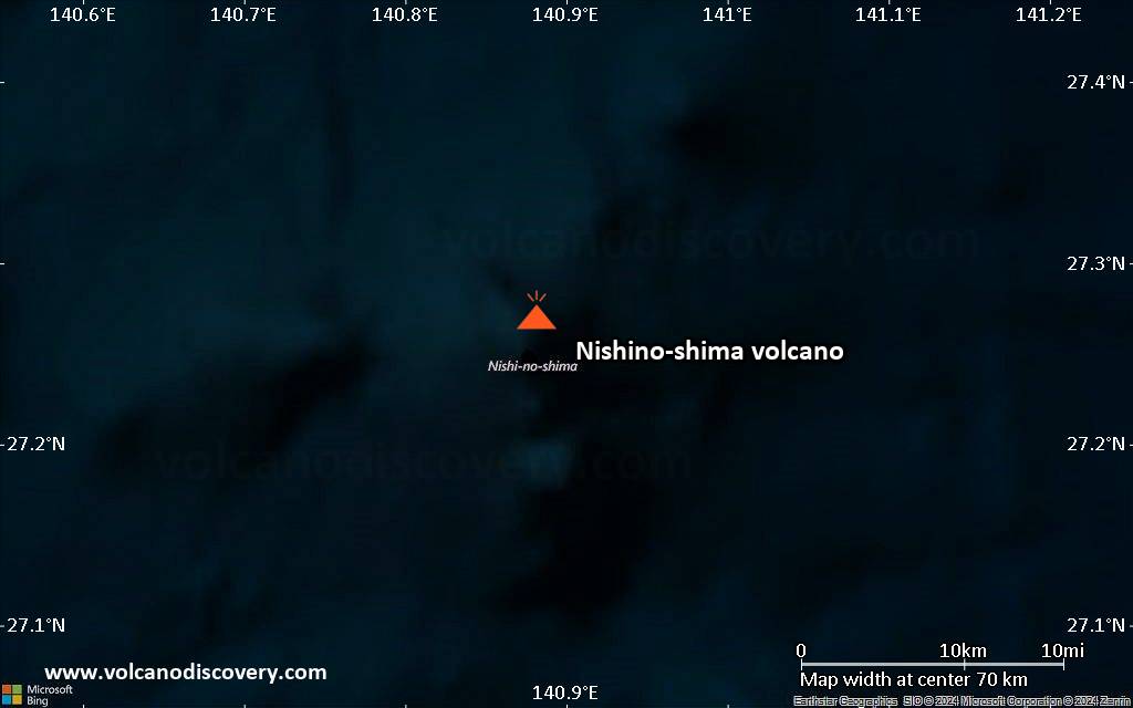 Satellite/aerial-type map of Nishino-shima volcano (scale of 10s of km)