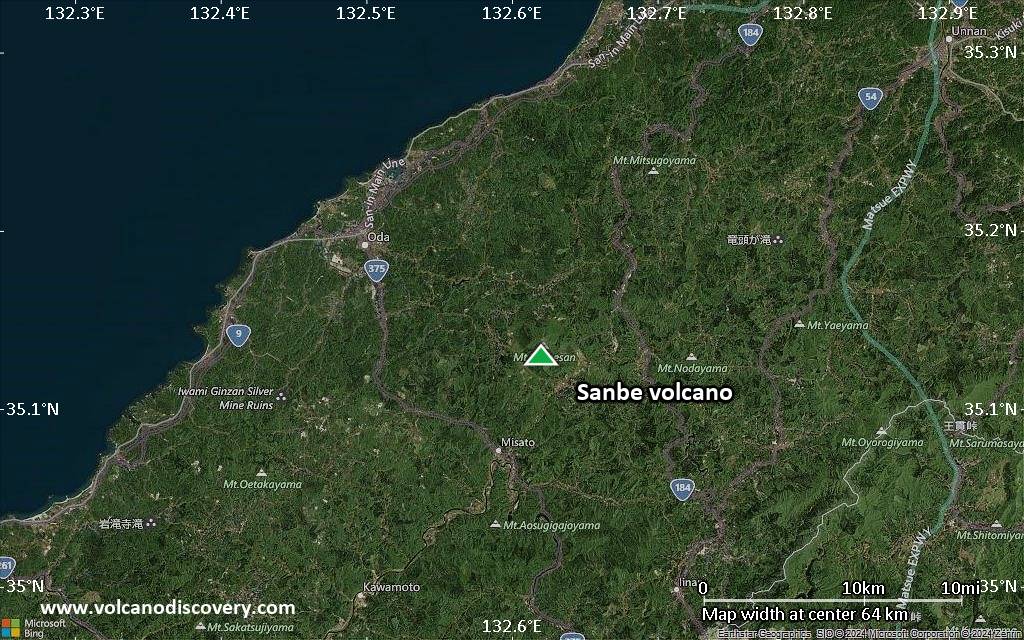 Satellite/aerial-type map of Sanbe volcano (scale of 10s of km)