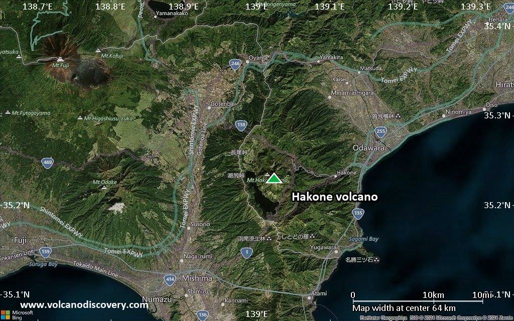 Satellite/aerial-type map of Hakone volcano (scale of 10s of km)
