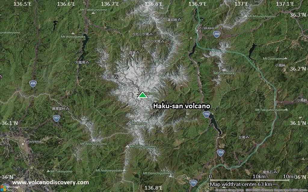 Satellite/aerial-type map of Haku-san volcano (scale of 10s of km)