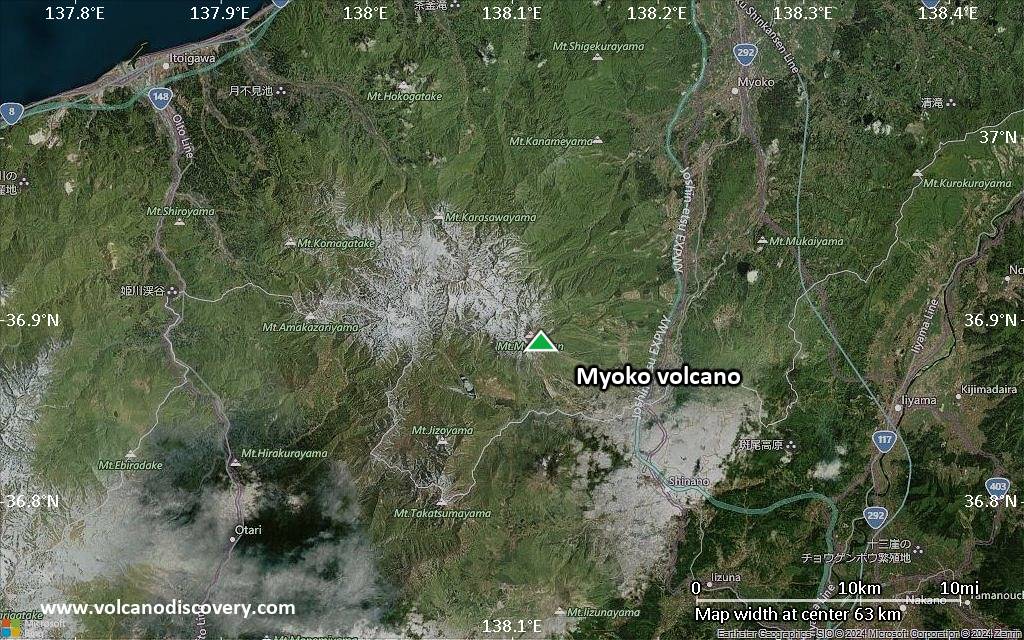 Satellite/aerial-type map of Myoko volcano (scale of 10s of km)