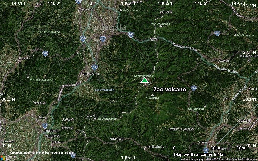 Satellite/aerial-type map of Zao volcano (scale of 10s of km)