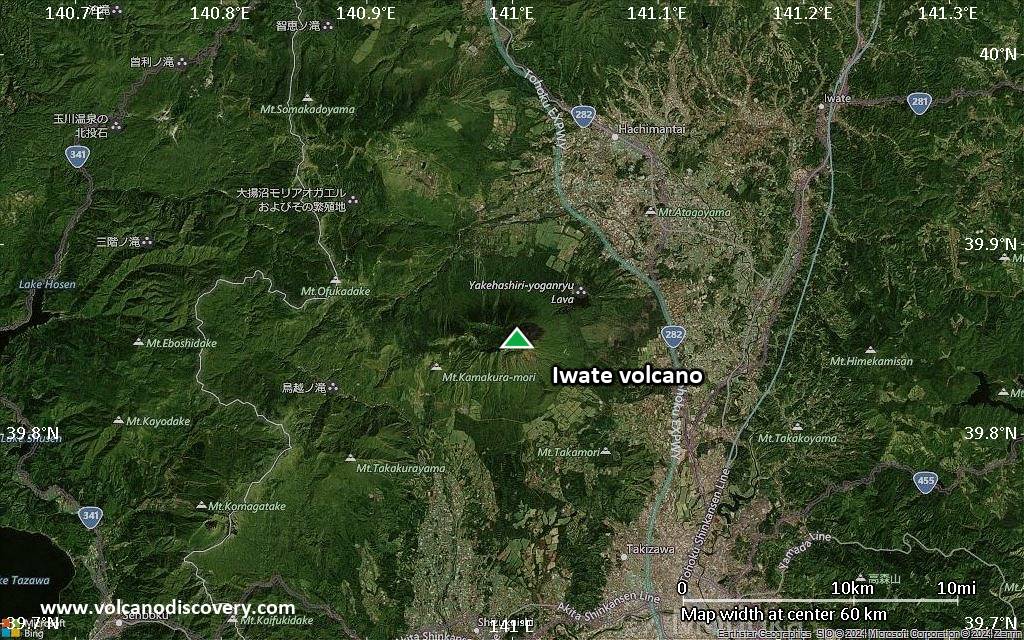 Satellite/aerial-type map of Iwate volcano (scale of 10s of km)