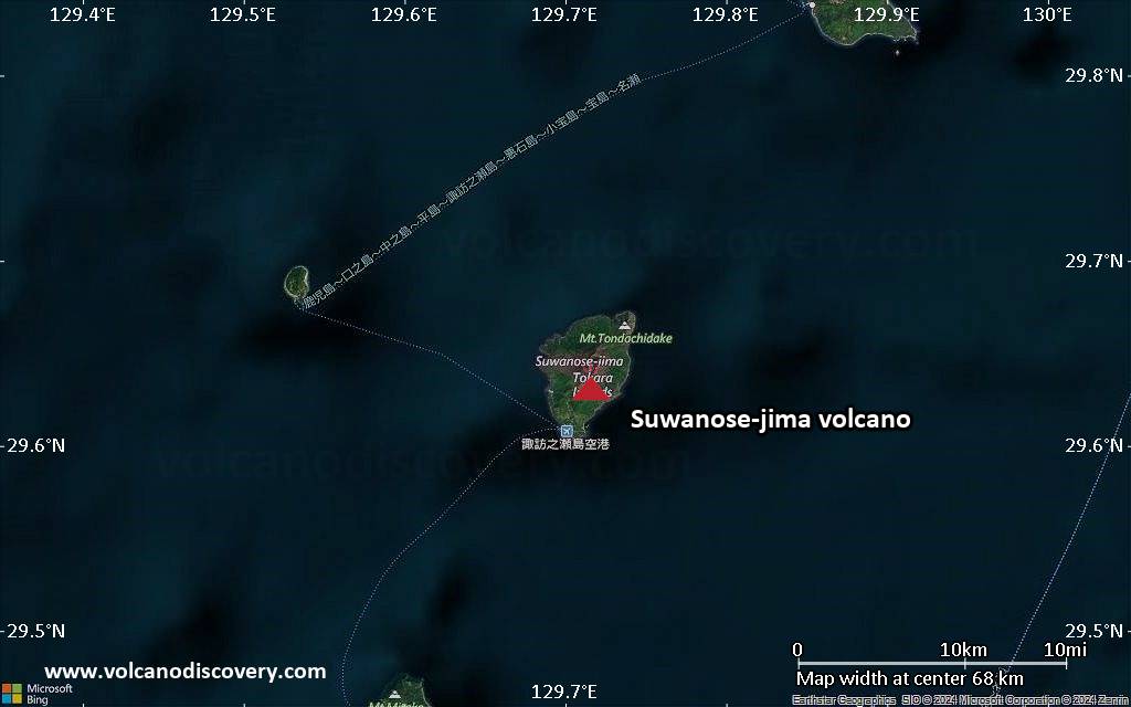 Satellite/aerial-type map of Suwanose-jima volcano (scale of 10s of km)