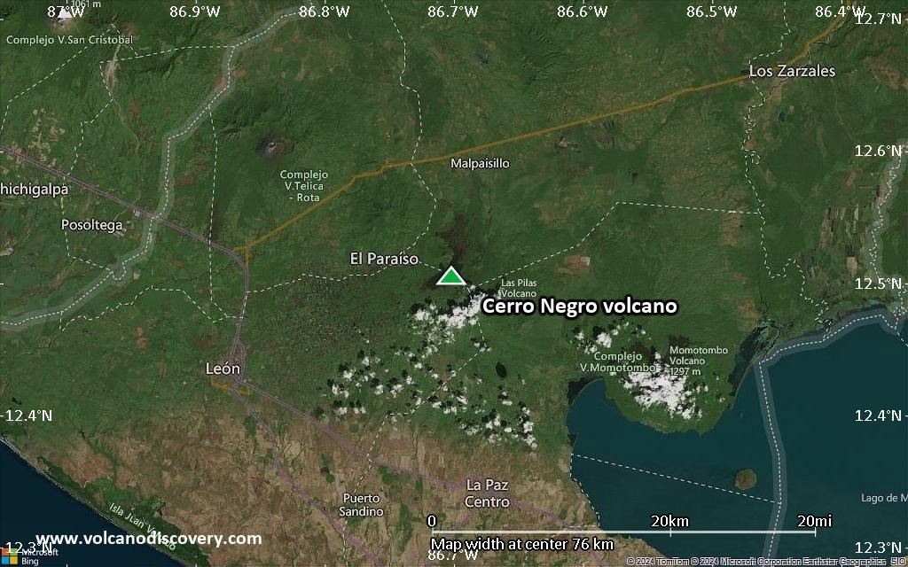 Satellite/aerial-type map of Cerro Negro volcano (scale of 10s of km)