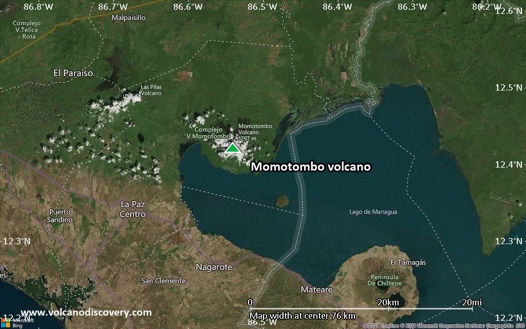 Satellite/aerial-type map of Momotombo volcano (scale of 10s of km)