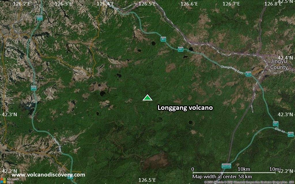 Satellite/aerial-type map of Longgang volcano (scale of 10s of km)