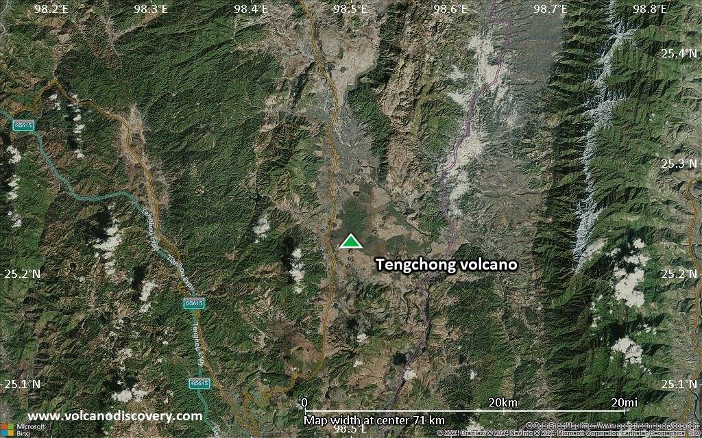 Satellite/aerial-type map of Tengchong volcano (scale of 10s of km)