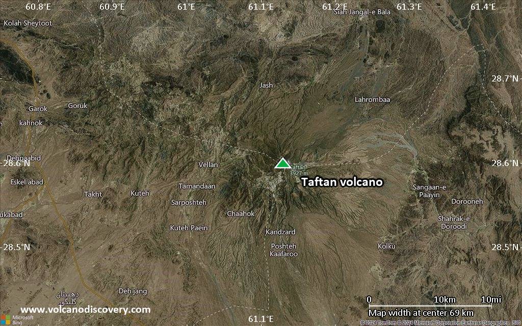 Satellite/aerial-type map of Taftan volcano (scale of 10s of km)