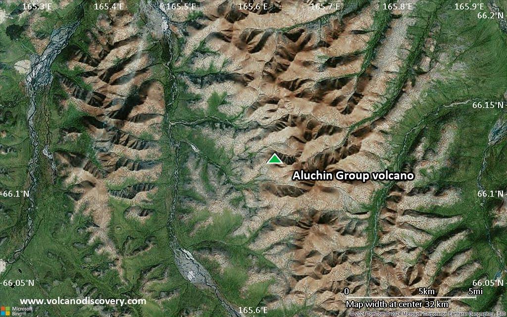 Satellite/aerial-type map of Aluchin Group volcano (scale of 10s of km)
