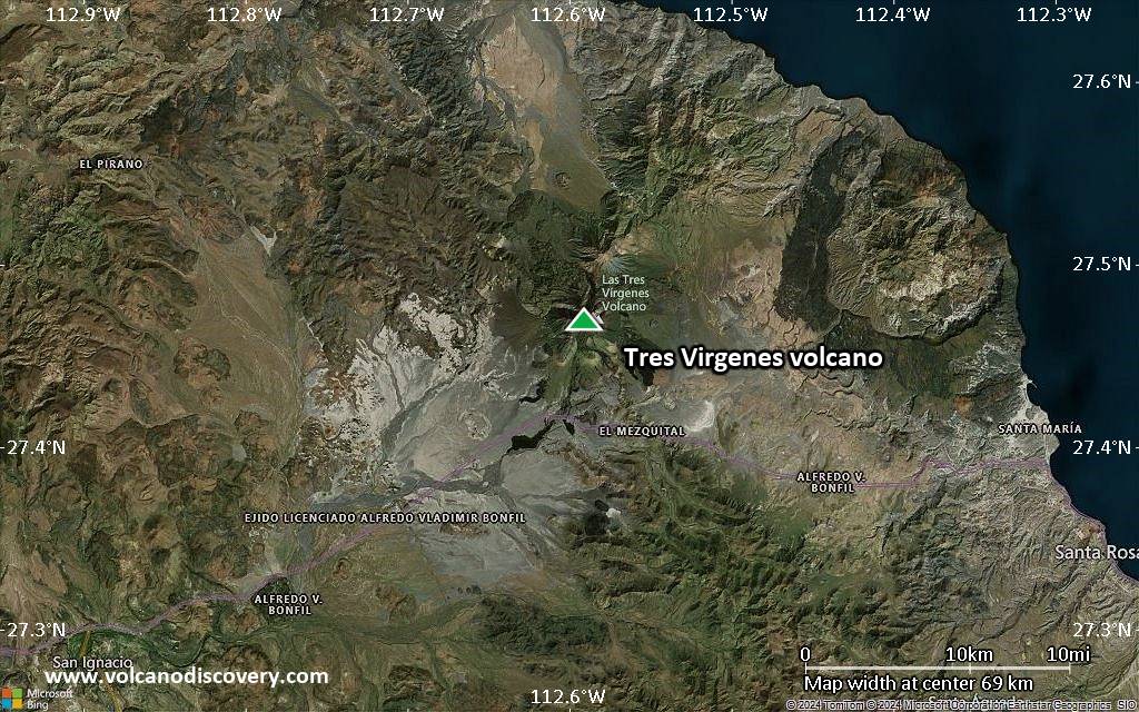 Satellite/aerial-type map of Tres Virgenes volcano (scale of 10s of km)