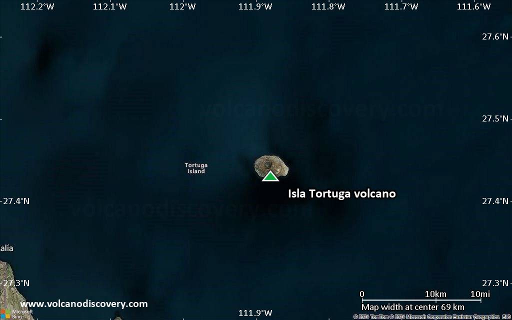 Satellite/aerial-type map of Isla Tortuga volcano (scale of 10s of km)