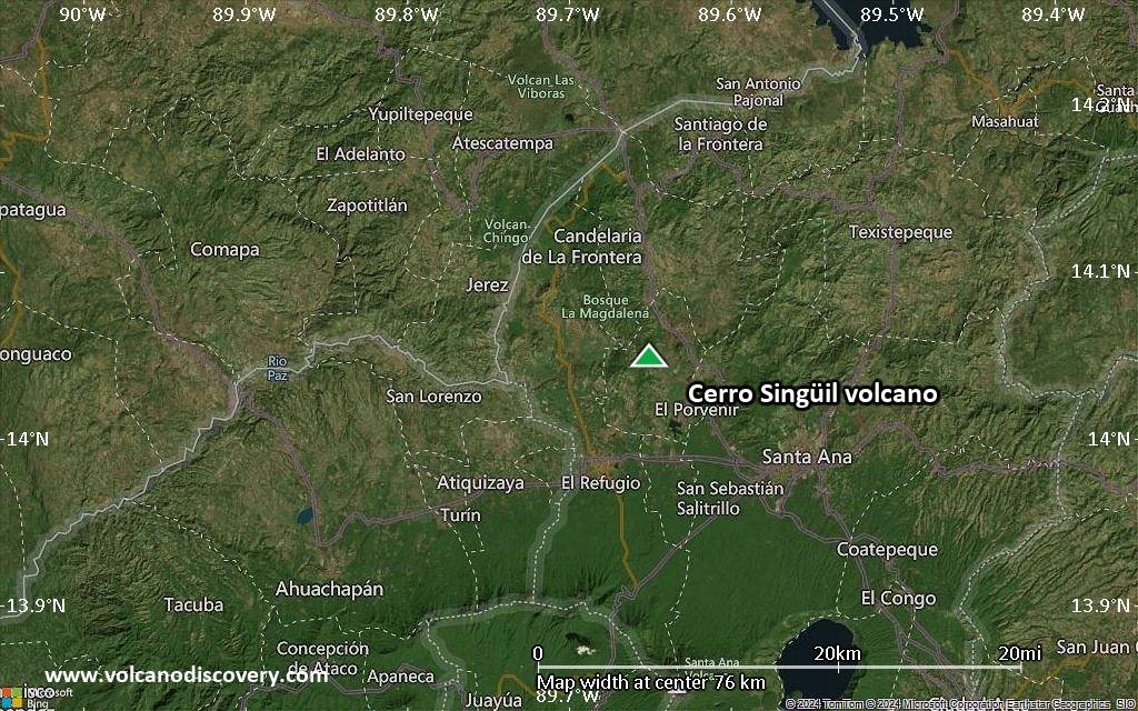 Satellite/aerial-type map of Cerro Singüil volcano (scale of 10s of km)