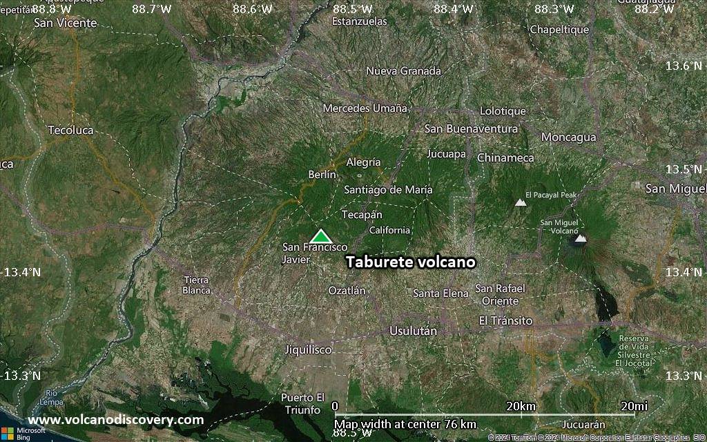 Satellite/aerial-type map of Taburete volcano (scale of 10s of km)