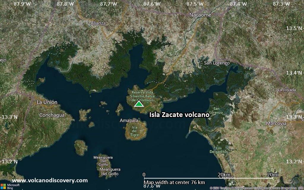 Satellite/aerial-type map of Isla Zacate volcano (scale of 10s of km)