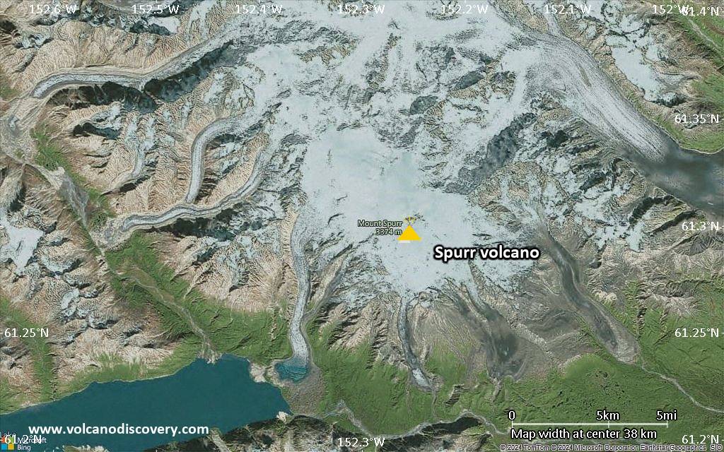 Satellite/aerial-type map of Spurr volcano (scale of 10s of km)