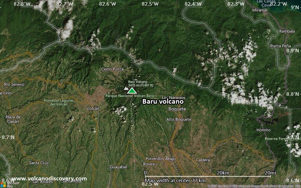 Satellite/aerial-type map of Baru volcano (scale of 10s of km)