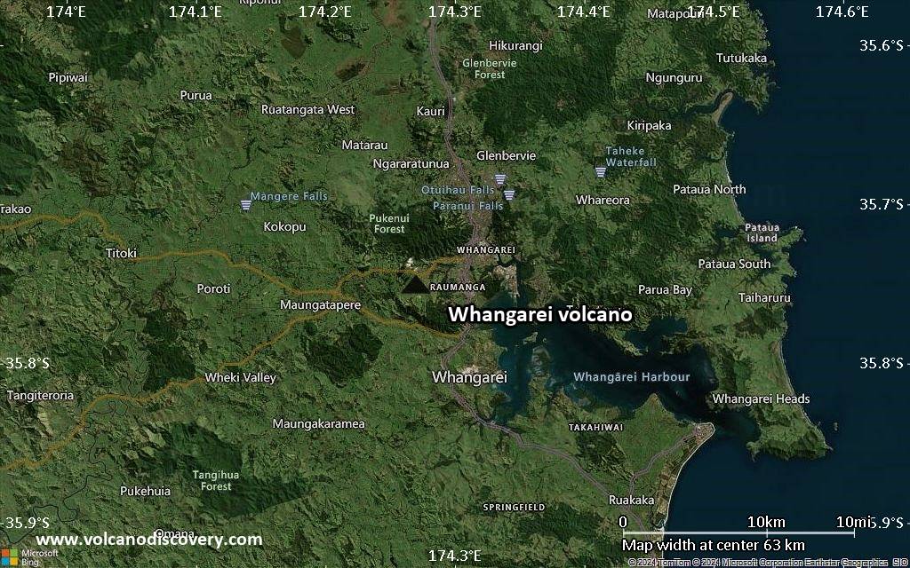 Satellite/aerial-type map of Whangarei volcano (scale of 10s of km)