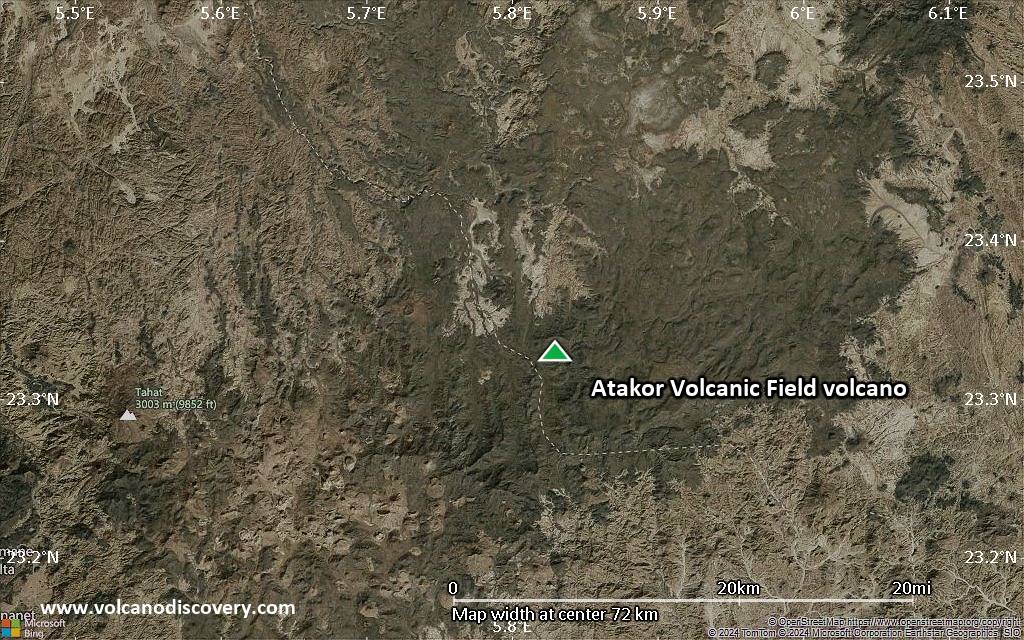 Satellite/aerial-type map of Atakor Volcanic Field volcano (scale of 10s of km)