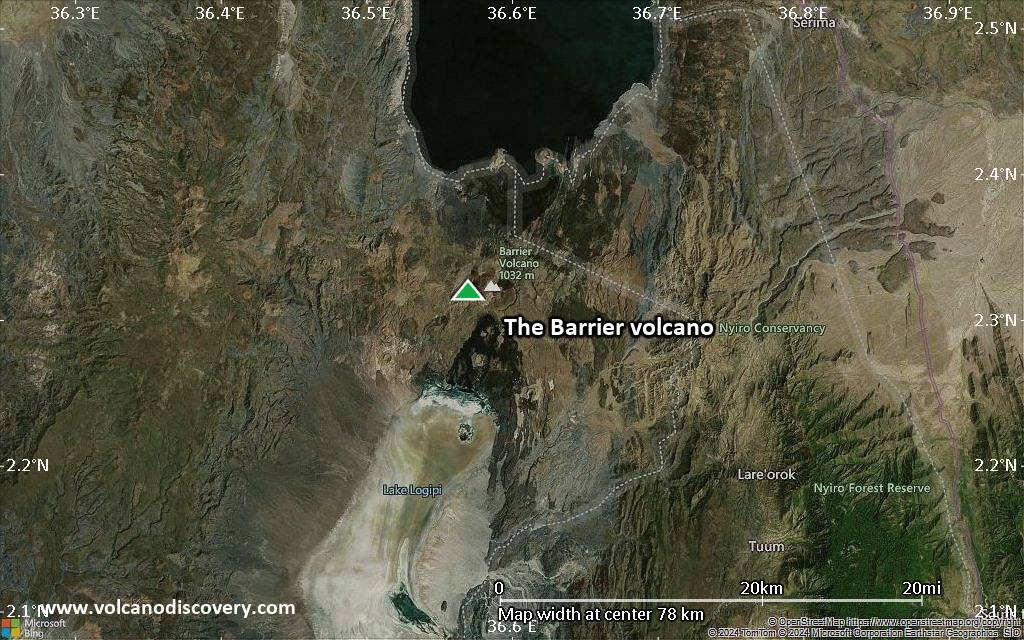 Satellite/aerial-type map of The Barrier volcano (scale of 10s of km)