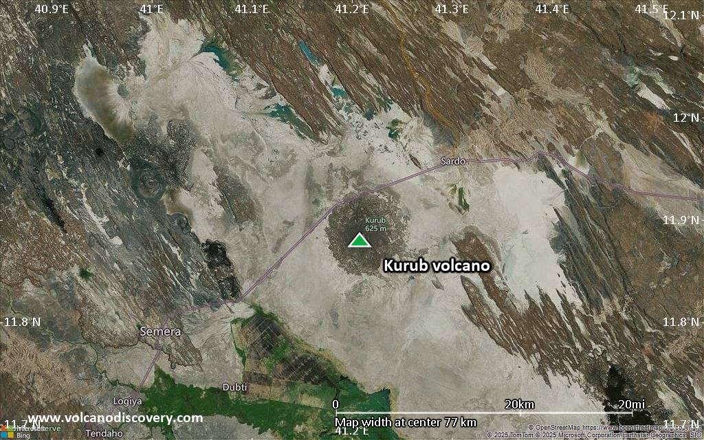 Satellite/aerial-type map of Kurub volcano (scale of 10s of km)