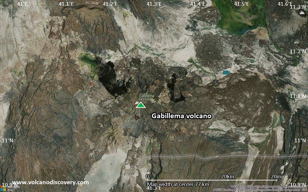 Satellite/aerial-type map of Gabillema volcano (scale of 10s of km)