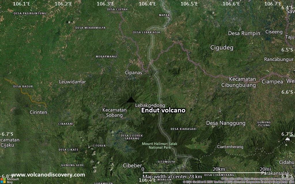 Satellite/aerial-type map of Endut volcano (scale of 10s of km)