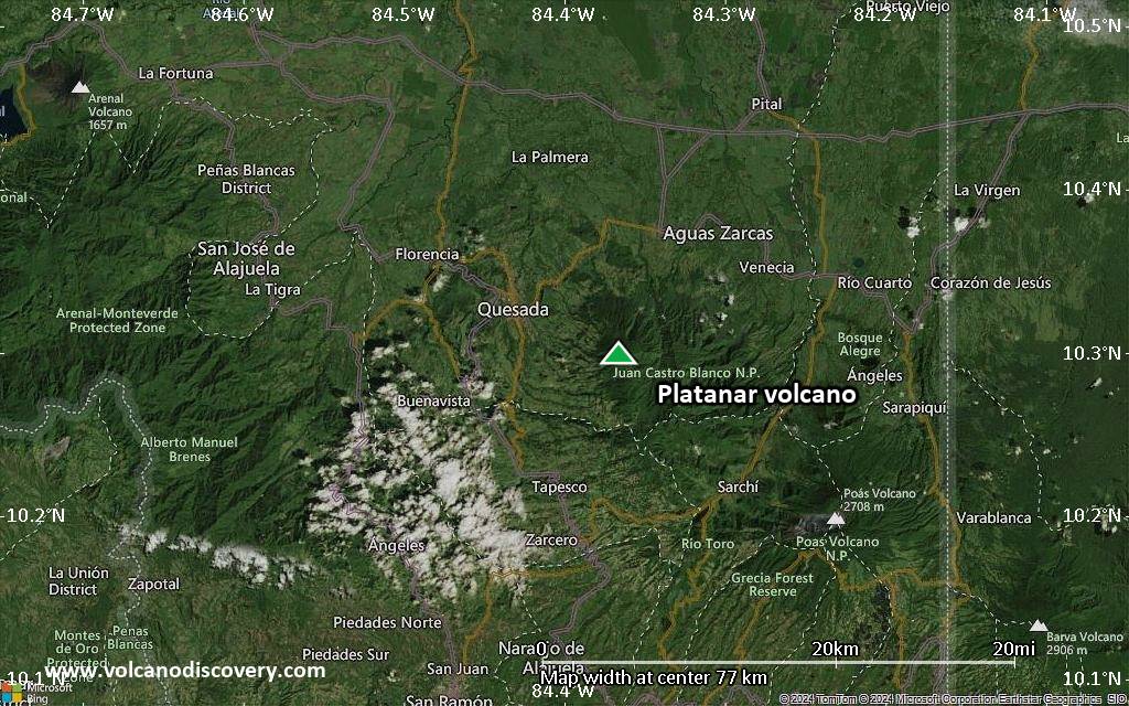 Satellite/aerial-type map of Platanar volcano (scale of 10s of km)