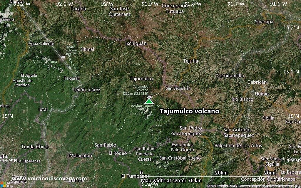 Satellite/aerial-type map of Tajumulco volcano (scale of 10s of km)